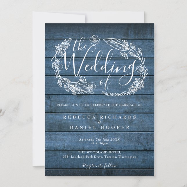 Invitation Mariage Floral Script Bois Rustique Bleu Campagne (Devant)