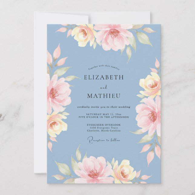 Invitation Mariage Floral Seduisant Bleu Poussiereux (Devant)