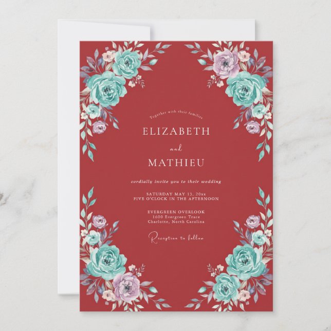 Invitation Mariage Floral Séduisant Rouge Cramoisi (Devant)