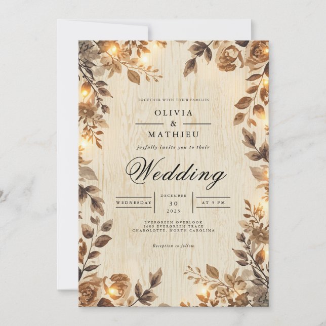 Invitation Mariage Floral Sepia Rustique (Devant)
