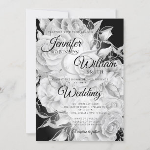 Invitation Mariage floral simple noir et blanc élégant