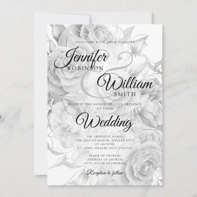 Invitation Mariage floral simple noir et blanc élégant (Devant)