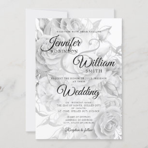 Invitation Mariage floral simple noir et blanc élégant