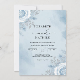 Invitation Mariage floral Sky Blue Watercolor