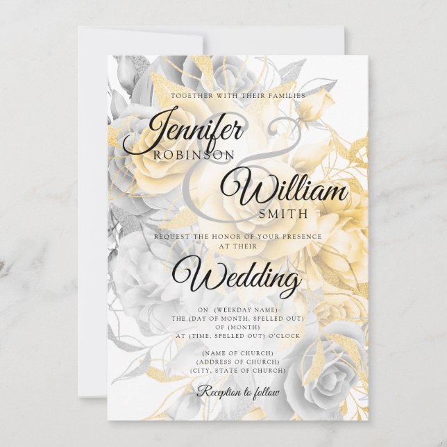 Invitation Mariage floral sobre or et argent (Devant)
