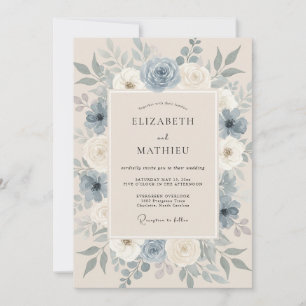 Invitation Mariage Floral Sophistiqué Bleu Acier