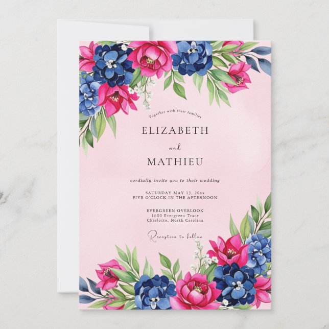 Invitation Mariage Floral Splendide Navy Rose (Devant)