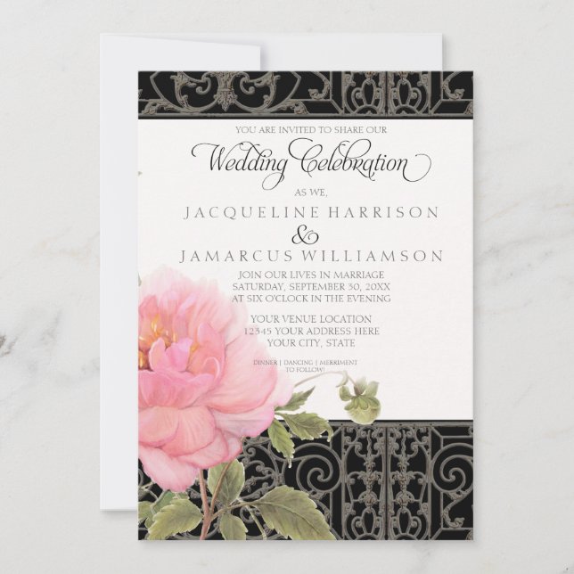Invitation Mariage Floral Sud Peonies roses sur clôture en fe (Devant)