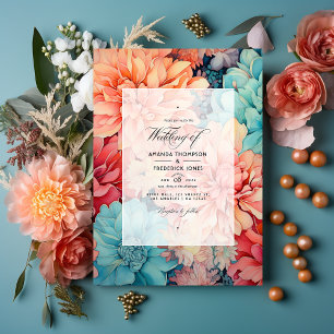 Invitation Mariage floral teal, corail et champagne