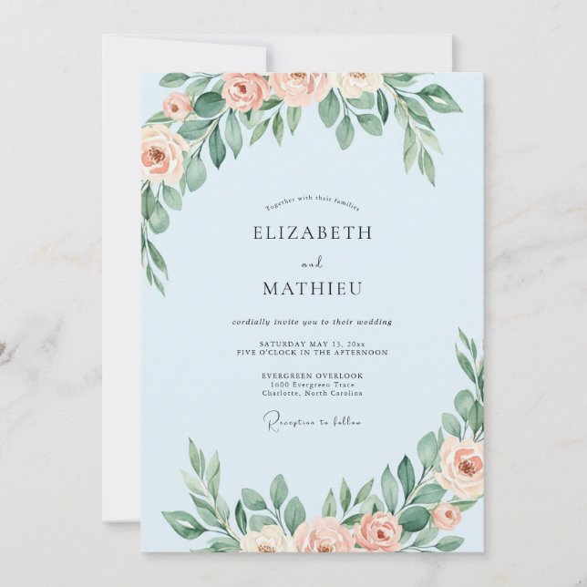 Invitation Mariage Floral Teint Rose Bleu Ciel (Devant)