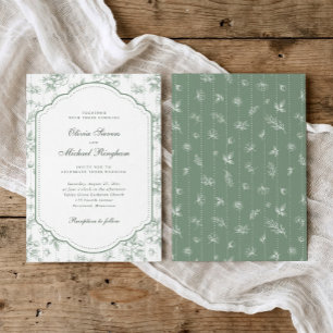 Invitation Mariage Floral Toile de Jouy Vintage Vert Sauge Fr
