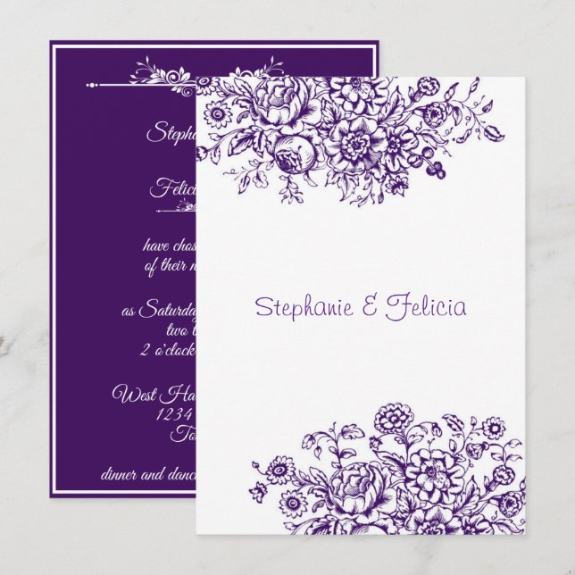 Invitation Mariage Floral Toile violet et blanc (Devant / Derrière)