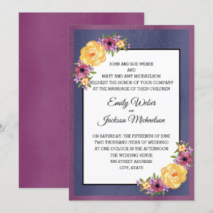 Invitation Mariage floral tons de bijoux violet jaune bleu ma