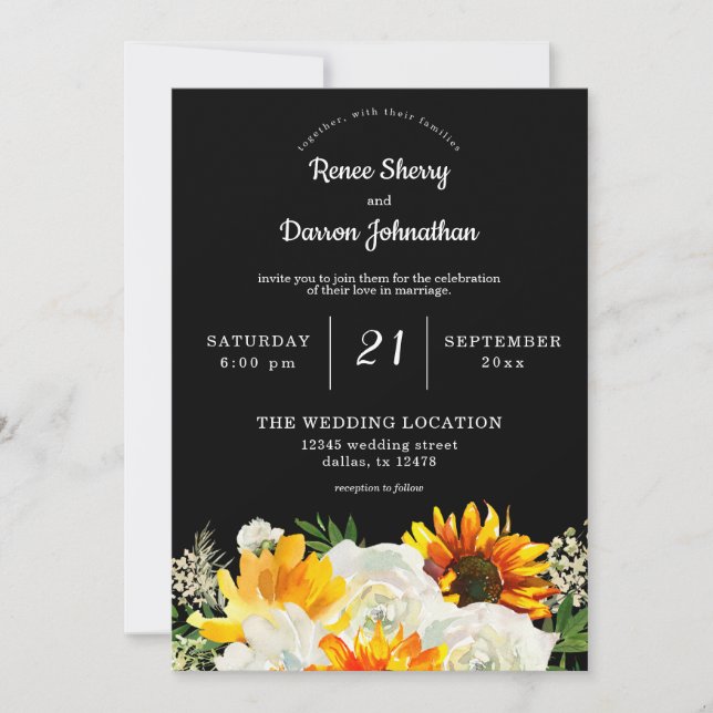 Invitation Mariage floral tournesol et rose blanche - Noir (Devant)