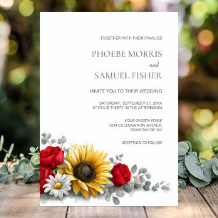 Invitation Mariage floral tournesol et rose rouge