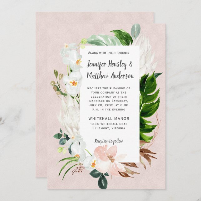 Invitation Mariage floral tropical blanc et blanc (Devant / Derrière)
