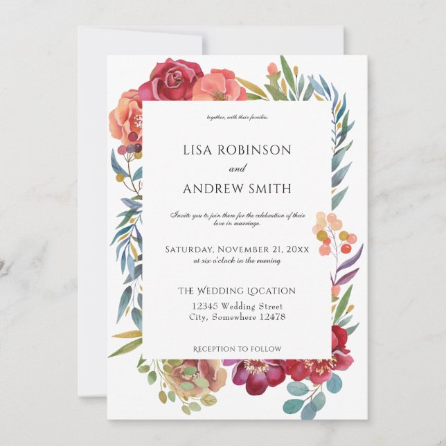 Invitation Mariage floral tropical bordeaux géométrique - Bla (Devant)