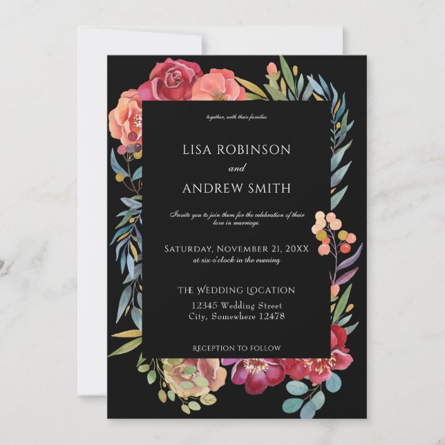 Invitation Mariage Floral Tropical Bourgogne Géométrique - No (Devant)