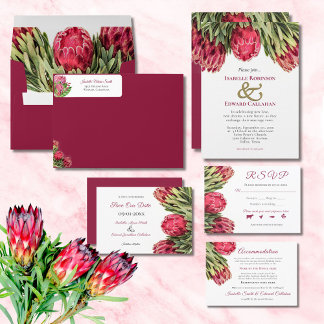 Invitation Mariage Floral Tropical Bourgogne Rose Roi Protéa