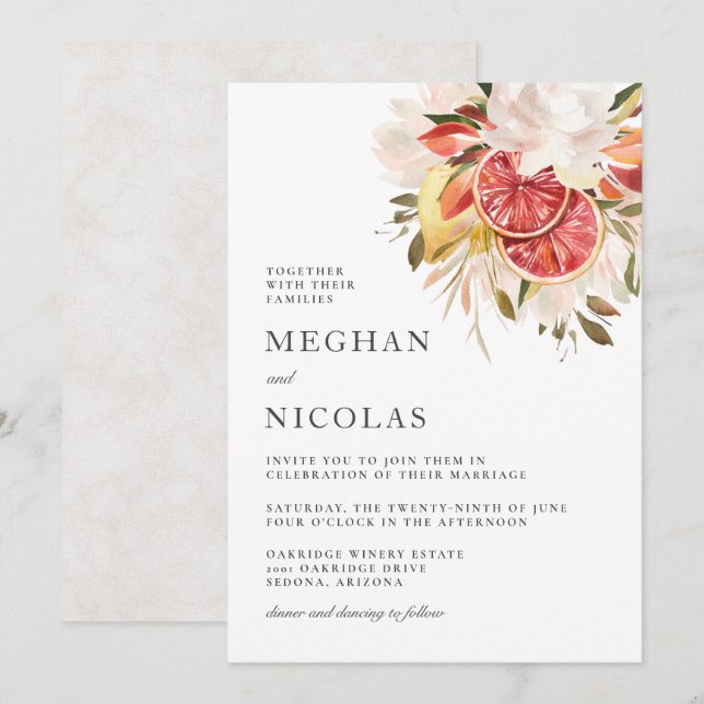 Invitation Mariage floral tropical Citrus lumineux (Devant / Derrière)