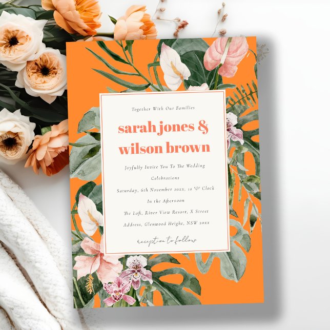 Invitation Mariage floral tropical orange vif Boho (Créateur téléchargé)