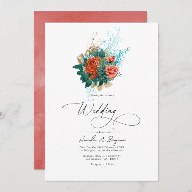 Invitation Mariage floral turquoise et corail (Devant / Derrière)