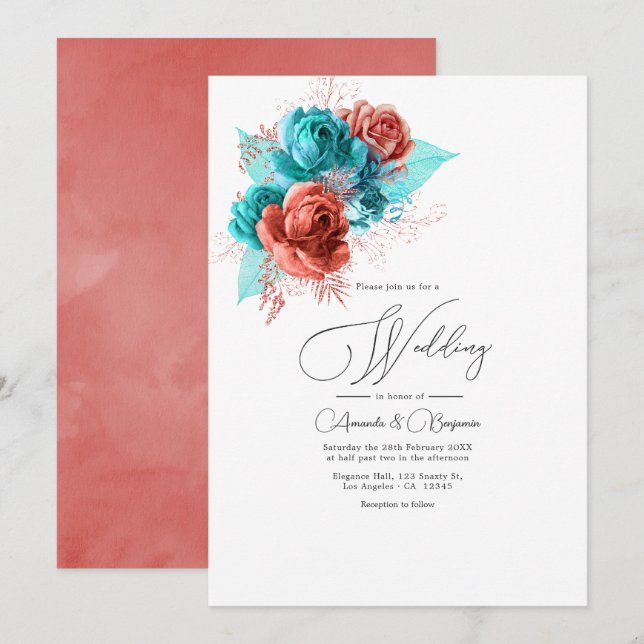 Invitation Mariage floral turquoise et corail (Devant / Derrière)
