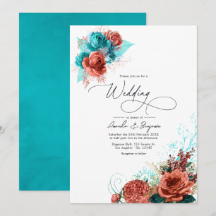 Invitation Mariage floral turquoise et corail