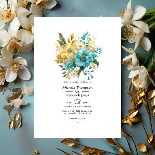 Invitation Mariage floral Turquoise et or