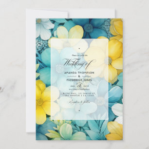 Invitation Mariage floral turquoise, jaune et gris