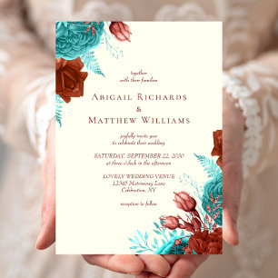 Invitation Mariage Floral Turquoise Rouille Ivoire Romantique