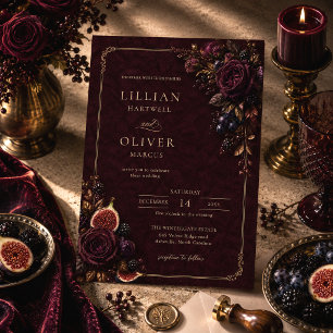 Invitation Mariage Floral Velours Bourgogne Or Capriceux