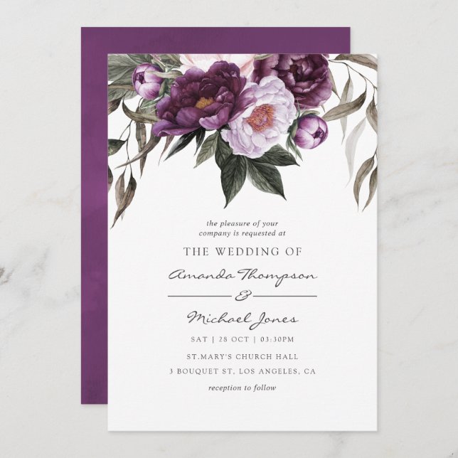 Invitation Mariage floral velours profond (Devant / Derrière)