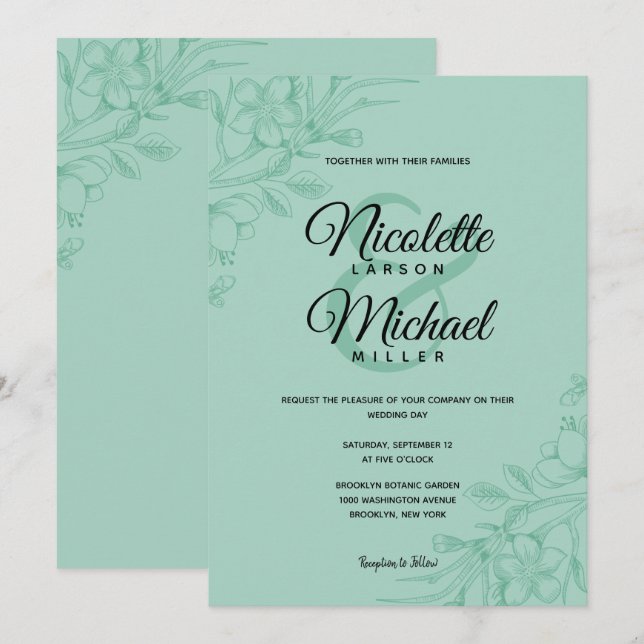 Invitation Mariage floral vert à la menthe (Devant / Derrière)