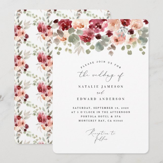 Invitation Mariage floral vert bordeaux (Devant / Derrière)