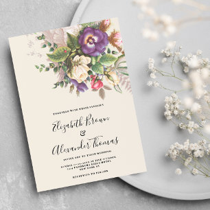 Invitation Mariage floral vert d'ivoire pourpre botanique élé