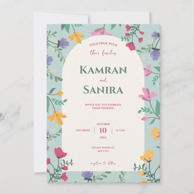 Invitation Mariage floral vert et crème (Devant)