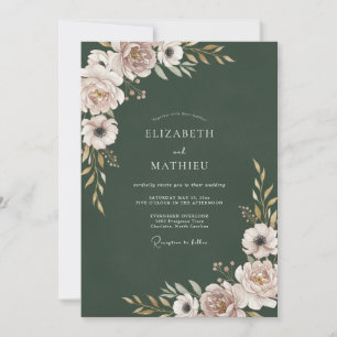 Invitation Mariage Floral Vert Forêt et Rose