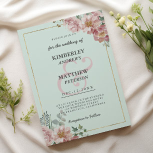 Invitation Mariage floral vert menthe or rose aquarelle