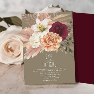 Invitation Mariage Floral Vert Olive Rustique & Bourgogne