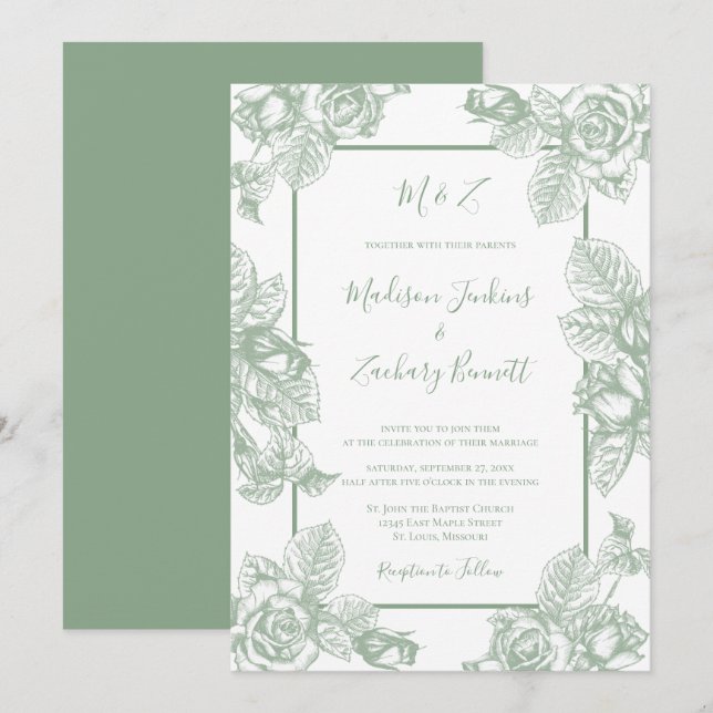 Invitation Mariage floral vert Sage (Devant / Derrière)