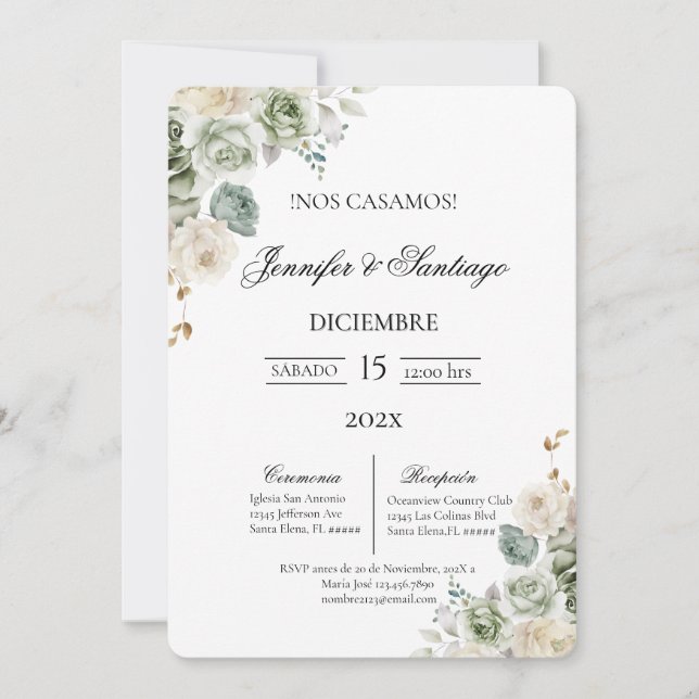 Invitation Mariage floral vert Sage (Devant)