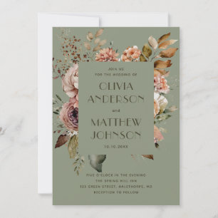 Invitation Mariage floral vert sauge   Jardin botanique + QR