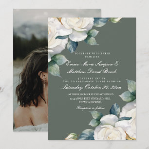 Invitation Mariage Floral Vert Sauge & Rose Blanche
