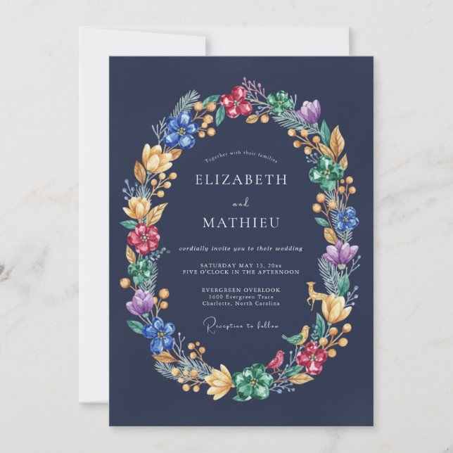Invitation Mariage floral vibrant bleu marine (Devant)