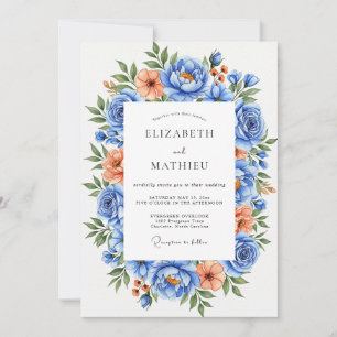 Invitation Mariage Floral Vibrant Bleu Pêche