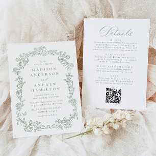 Invitation Mariage Floral Victorien Vert Sauge Tout en Un