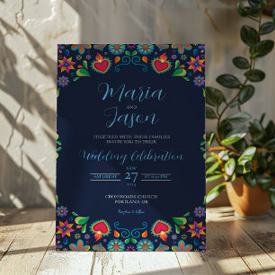 Invitation Mariage floral Vintage bleu de la marine mexicaine
