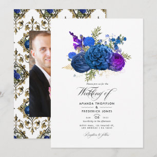 Invitation Mariage floral Vintage bleu marine, or et violet