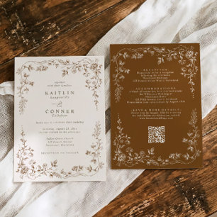 Invitation Mariage Floral Vintage Marron & Crème à la Françai